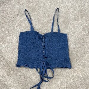 Navy Smocked Lace-Up Crop Top